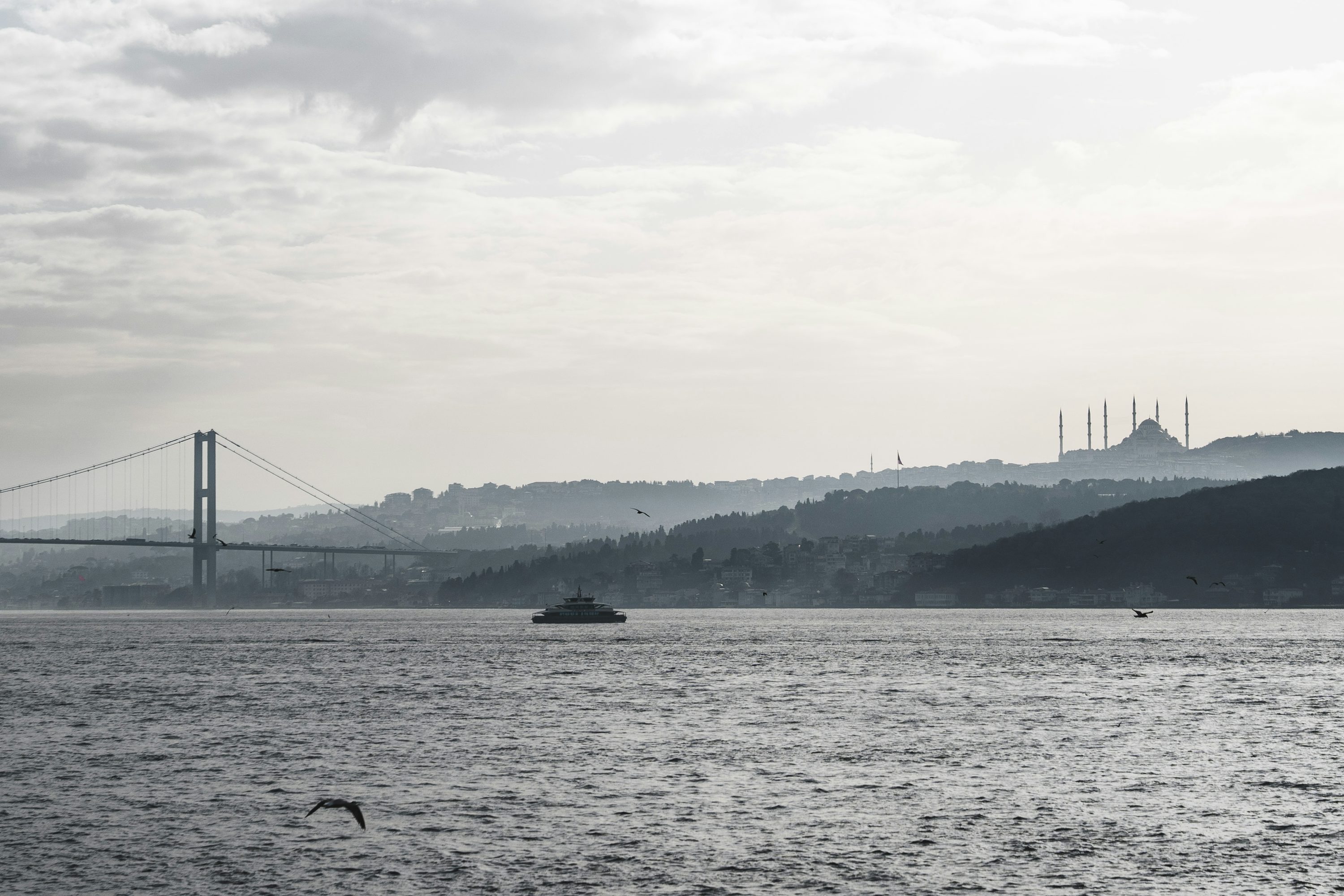 Bosphorus in Istanbul mit Brücke und Fähre